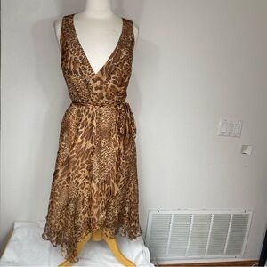 I.C.E. Womens Brown Tan Cheetah Print Silk Chiffon Ruffle Wrap Midi Dress Size 4